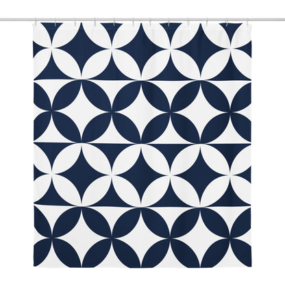 Geometric Shower Curtain, Navy Blue White Pattern, Water-Resistant Polyester, 71x74 Inch